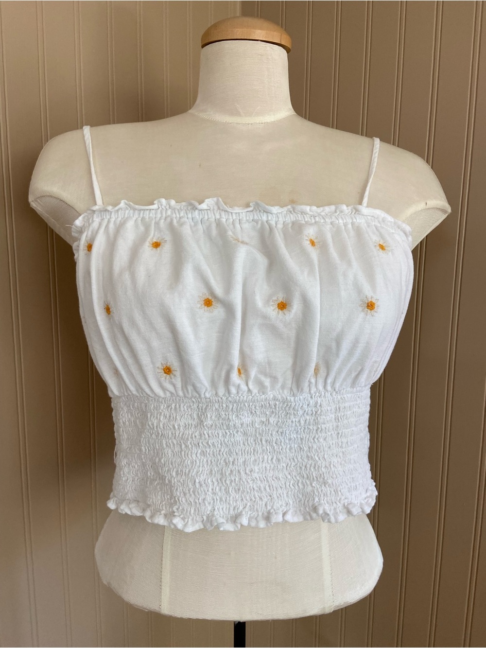 American Eagle Cotton Linen Blend Cropped Smocked Daisy Tank Top Women’s Large